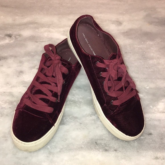 ZARA Burgundy Velvet Sneaker Shoes sz 40 10 - Picture 1 of 6